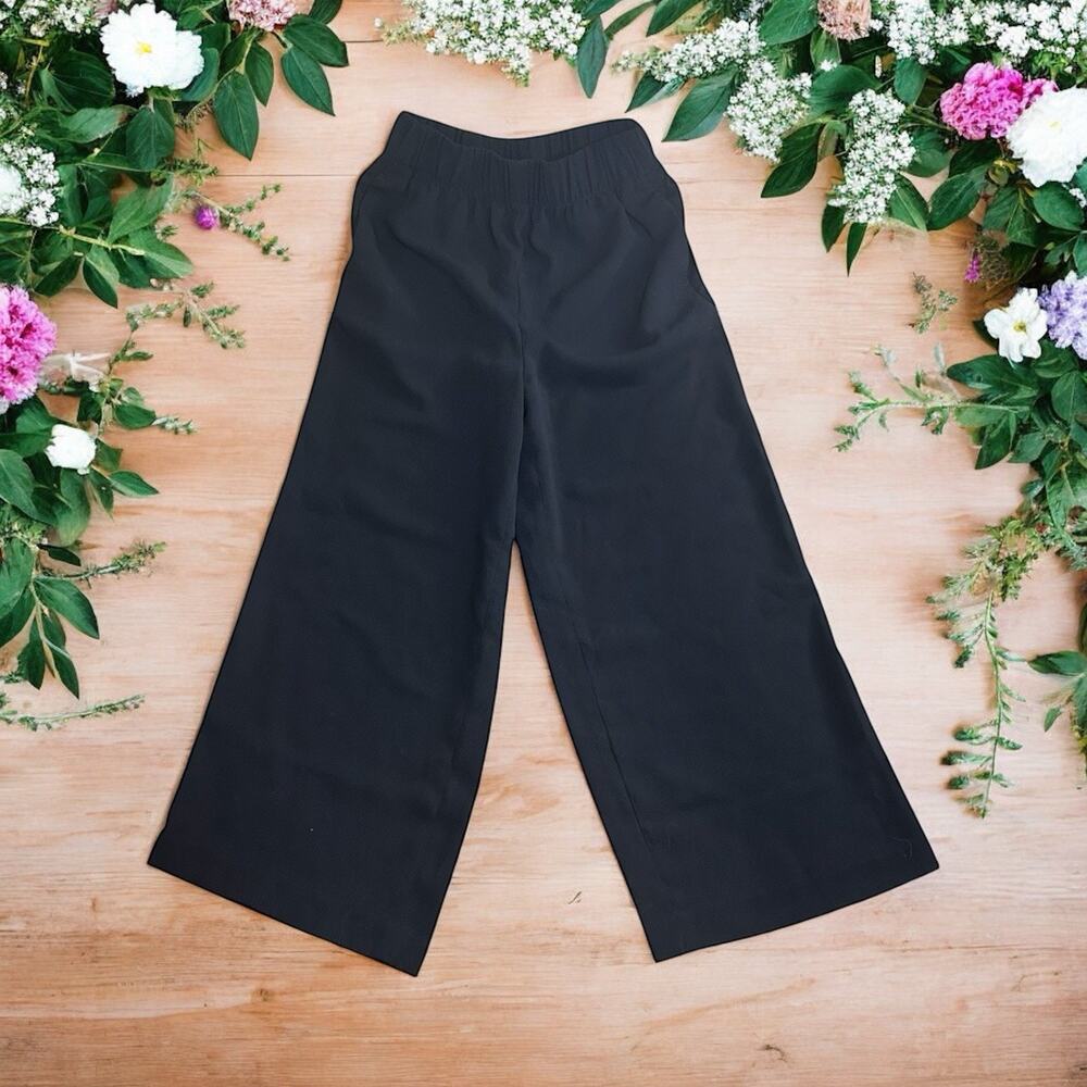 Women's H&M Black Wide Leg Ankle Pants Sz 2 Ruched Elastic Waist Career Pockets